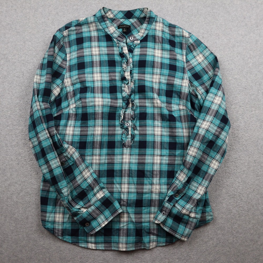 Talbots Blouse Womens 6 Ruffle Henley Teal Black Plaid Cotton Long Sleeve Top